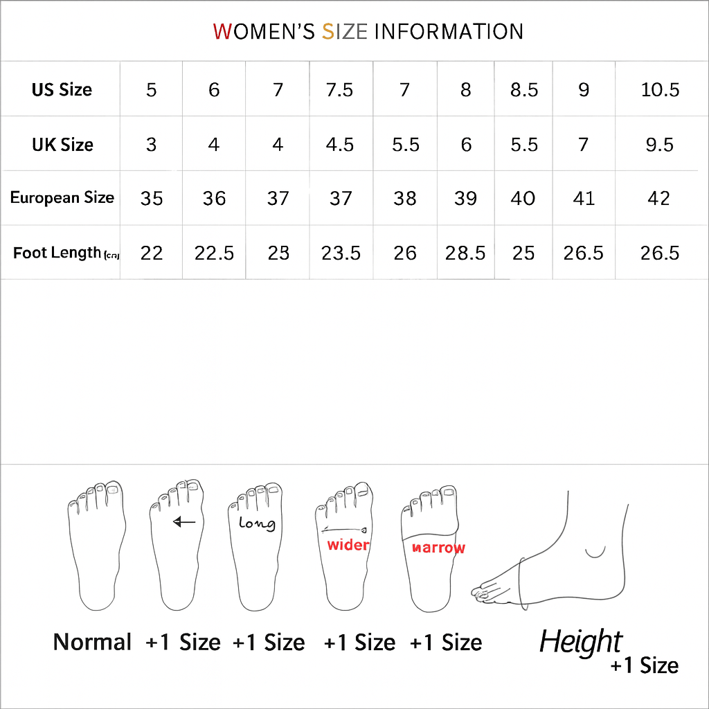 Women's size chart with US, UK, and European size conversions and foot length measurements.