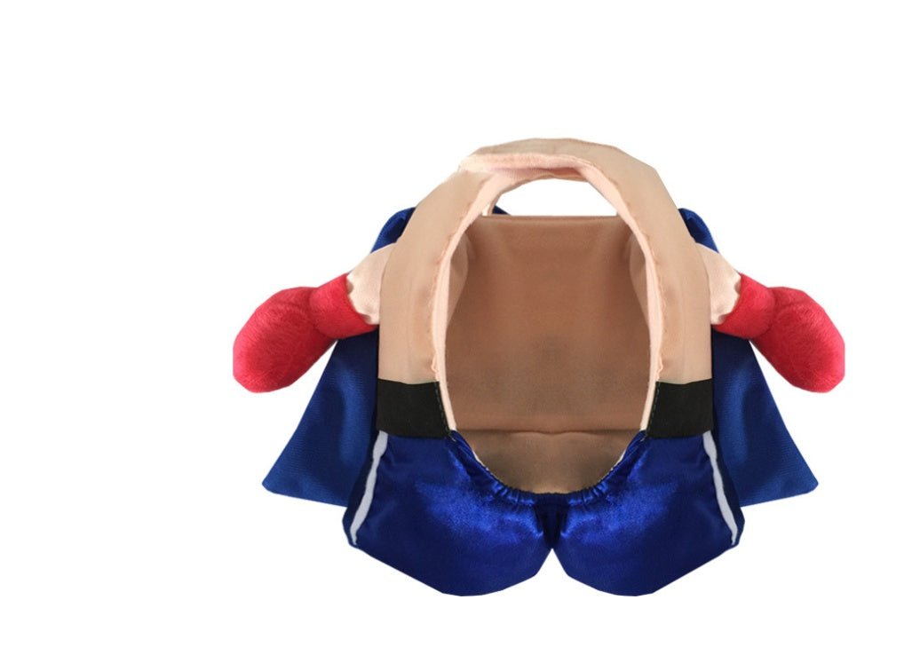 Children's seat with red arms and blue cape on a white background