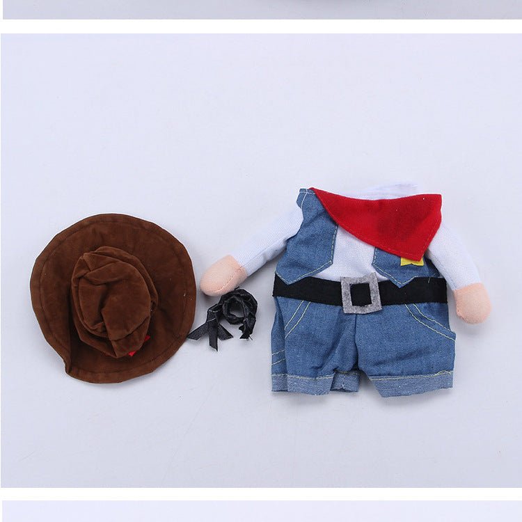 Puppet with brown hat, black gloves, and denim outfit on a white background