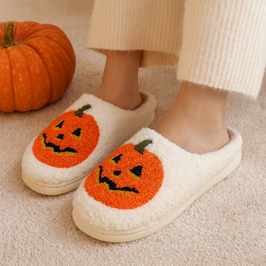 White slippers with pumpkin design on a beige carpet next to a pumpkin.