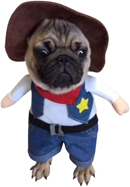 Dog toy dressed as a cowboy with a brown hat, blue vest, and red bandana on a white background
