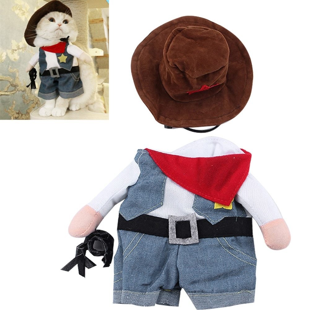 Pet cowboy costume with hat, vest, and boots on a white background