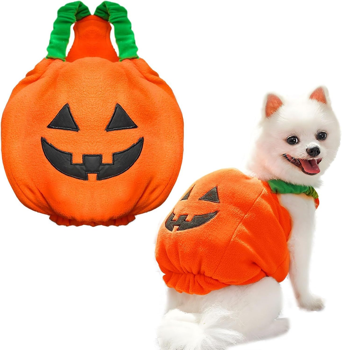 Pumpkin-shaped pet costume with a dog wearing it on a white background
