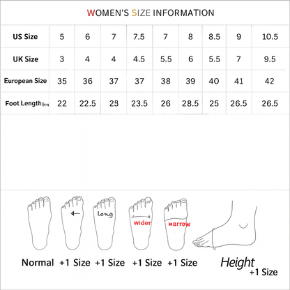 Women's size chart with US, UK, and European size conversions and foot length measurements.