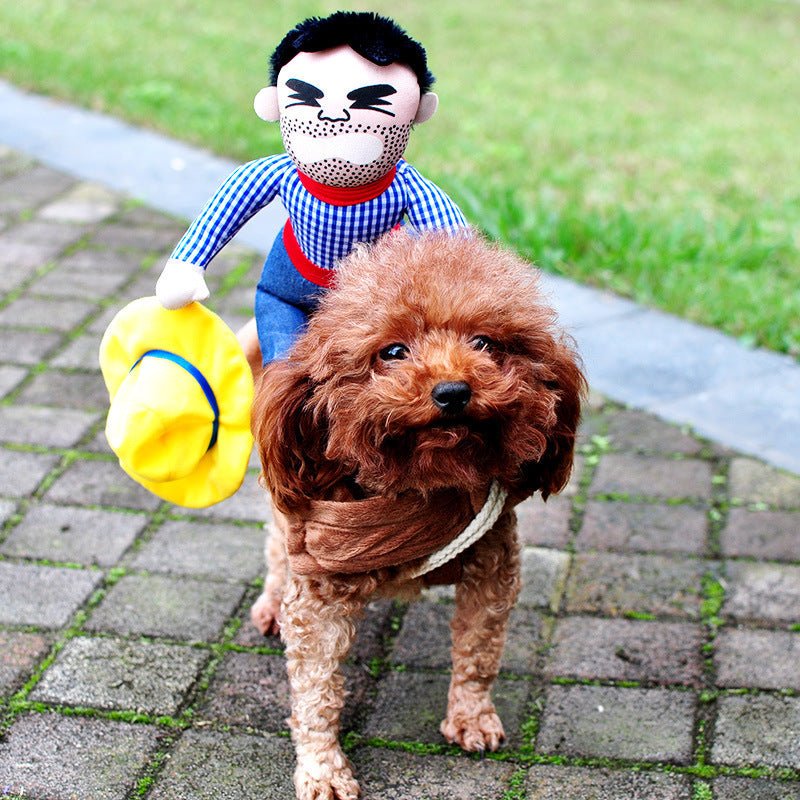 Dog with a toy resembling a character with a yellow hat on a paved path.