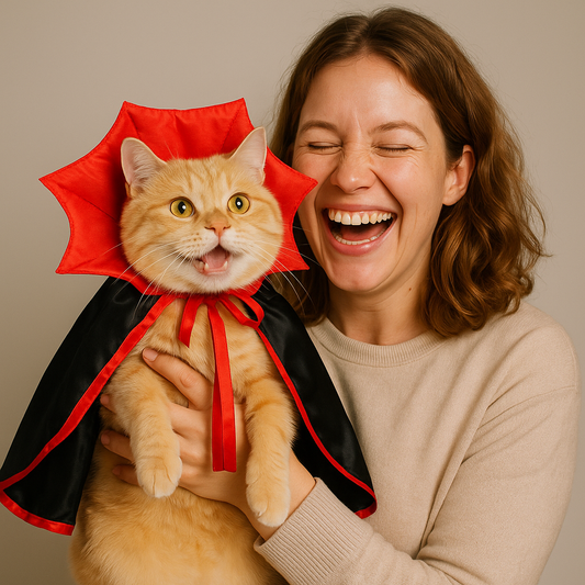 Woman holding a cat dressed in a Halloween costume with a red cape and black outfit.