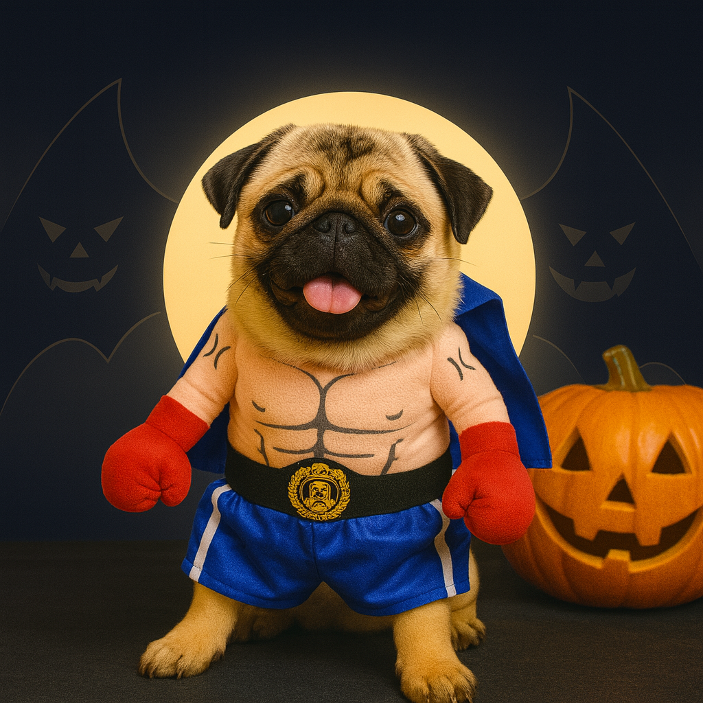 Pug dog in superhero costume with Halloween pumpkins in the background