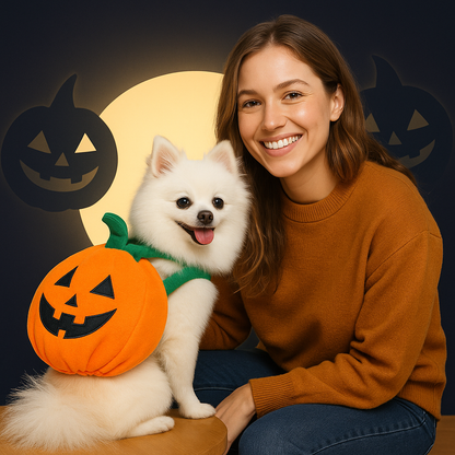 Woman and dog in Halloween costumes with pumpkins and a full moon on a dark background