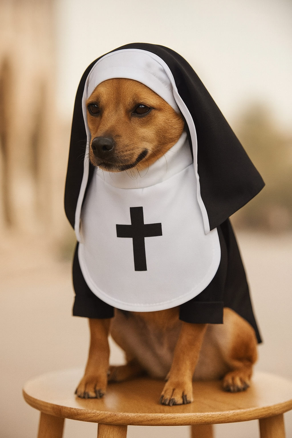 Dog wearing a nun costume with a cross on a wooden stool.